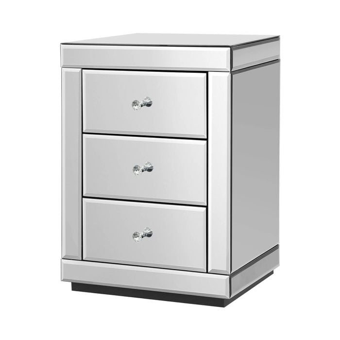 Artiss Glass Mirrored 3 Drawer Bedside Table - Silver