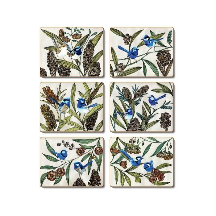 Cinnamon Cork Backed Coasters Set of 6 - Blue Wren