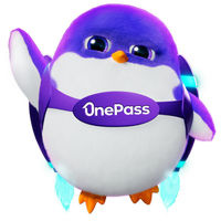 A purple penguin with a OnePass label on his body and the penguin is holding a Flybuys card.
