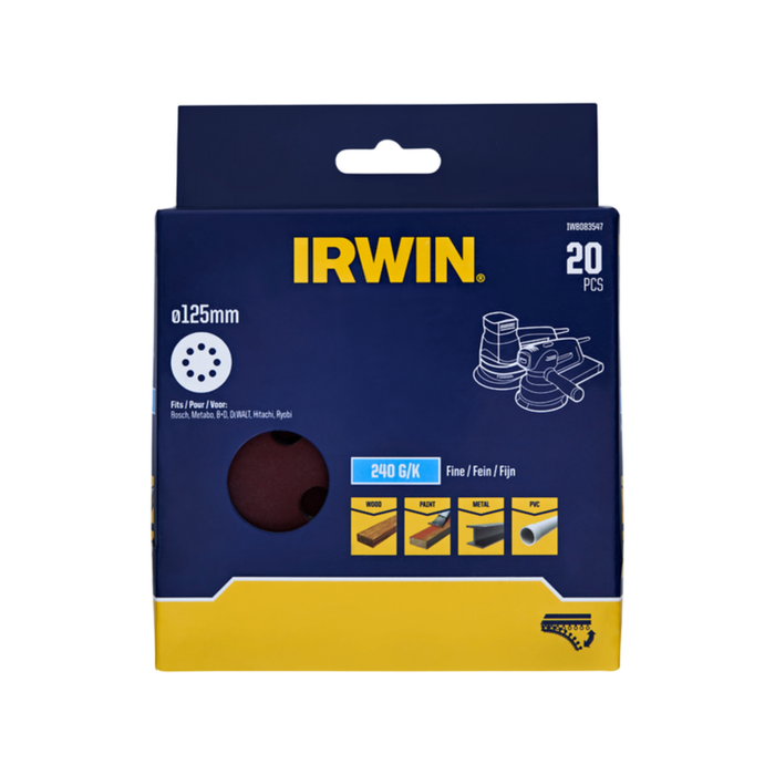 IRWIN 125mm 240 Grit 8 Holes Quick Fit Random Orbital Sanding Discs - 20 Pack