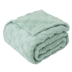 LINENOVA Warm Soft Coral Fleece Checked Throw Blanket - Sage Green