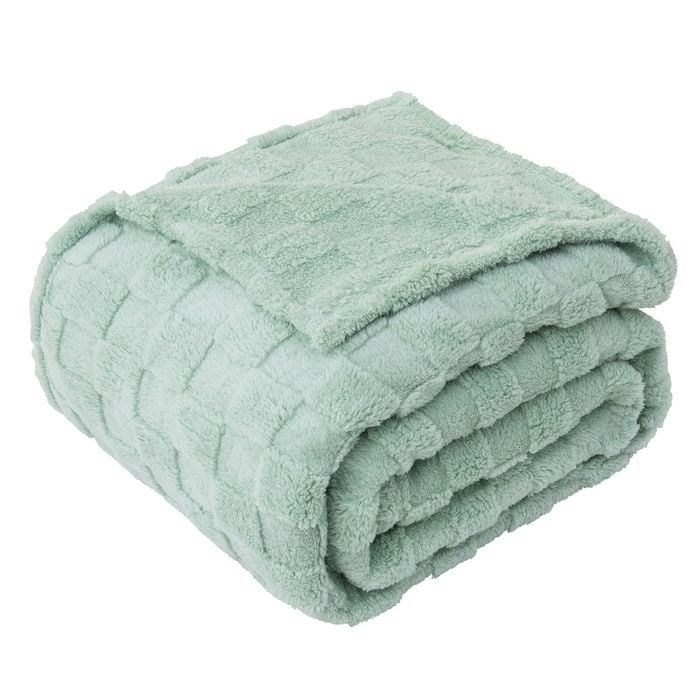 LINENOVA Warm Soft Coral Fleece Checked Throw Blanket - Sage Green