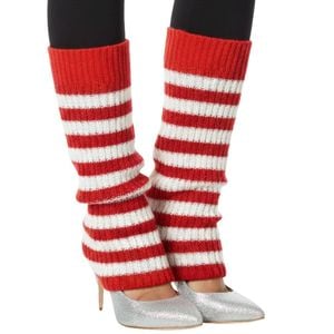 Pair of Wos Leg Warmers Disco Winter Knit Dance Party Crochet Legging Socks Costume Red/White Stripe