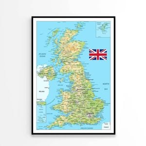 United Kingdom Physical Map  Print 100% Australian Made 90x120cm  (Poster)