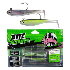 Bite Science Multi-Pack of Rigged 4' Rigged Thump Shad Lures - Purple/Greenback"