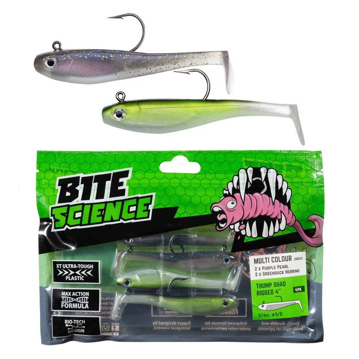 Bite Science Multi-Pack of Rigged 4' Rigged Thump Shad Lures - Purple/Greenback"