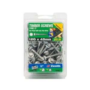Zenith 12G x 45mm Galvanised Hex Head Seal Timber Screw - 50 Pack