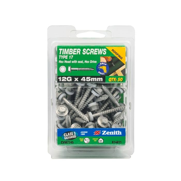 Zenith 12G x 45mm Galvanised Hex Head Seal Timber Screw - 50 Pack