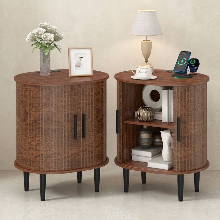 Ufurniture 2PCS Narrow End Table Sofa Side Table with Charging Station and Adjustable Shelves Walnut