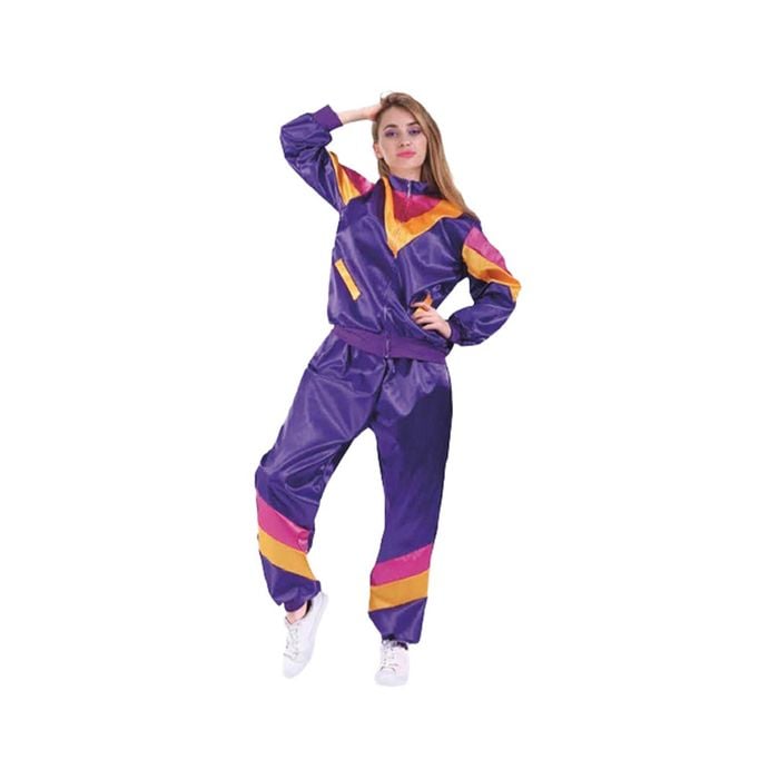 More Than Party Adult 80s Lady Track Suit Costume Purple Satin Like Retro S/M