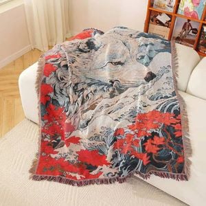 Anycozy Blanket Throw 130x160cm Japanese Style White Wolf Red Floral Decorative Tapestry