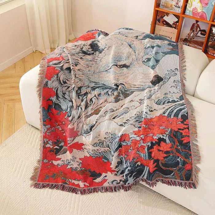 Anycozy Blanket Throw 130x160cm Japanese Style White Wolf Red Floral Decorative Tapestry