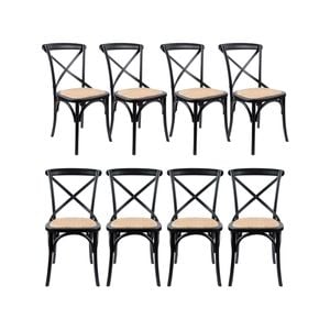Aster Crossback Dining Chair Set of 8 Solid Birch Timber Wood Ratan Seat - Black