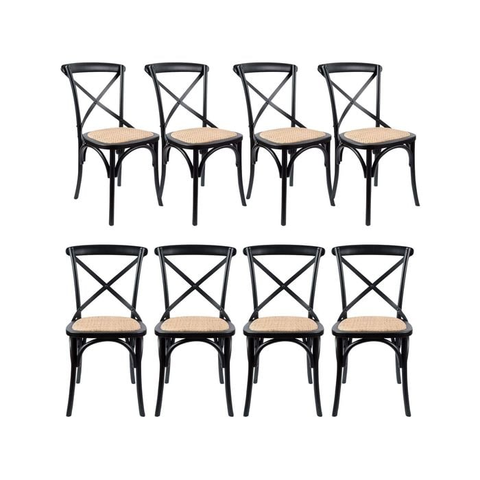 Aster Crossback Dining Chair Set of 8 Solid Birch Timber Wood Ratan Seat - Black