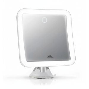 10x Magnifying Mirror with LED Lights, Dimmable Touch Light, Cordless, Locking Suction Mount, Bathroom/Travel