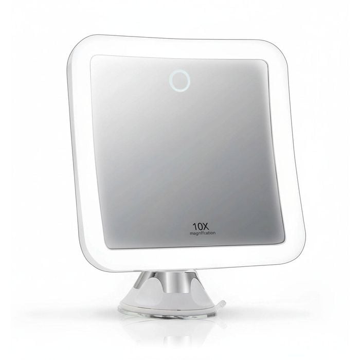 10x Magnifying Mirror with LED Lights, Dimmable Touch Light, Cordless, Locking Suction Mount, Bathroom/Travel