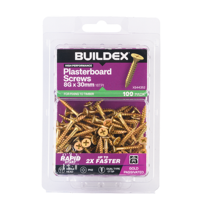 Buildex 8G x 30mm Gold Passivated Plasterboard Screws - 100 Pack