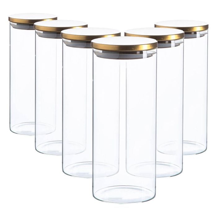 Argon Tableware Glass Storage Jar - Gold Lid - 1.5 Litre - 6x Modern Round Scandi Organisation Container Glass Jar