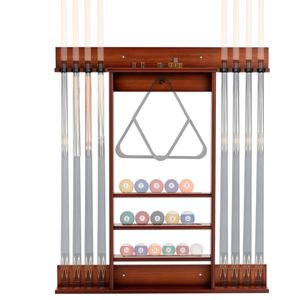 Costway Billiards Pool Cue Rack Wall Mounted Pool Stick Holder Pine Wood Brown