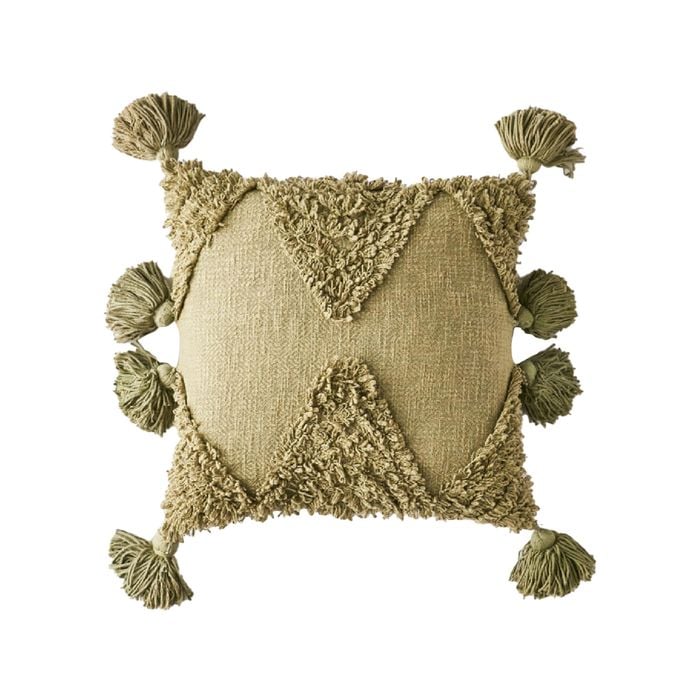 Maine & Crawford Ximena 45cm Tufted Cotton Cushion W/ Tassels - Olive