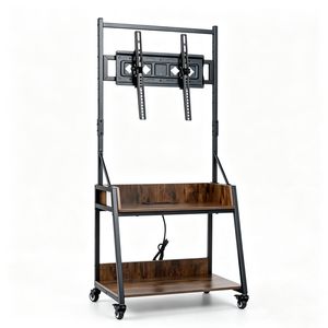 Costway Rolling TV Stand Mobile Cart w/Built-in Charging Station & Lockable Wheels-Brown