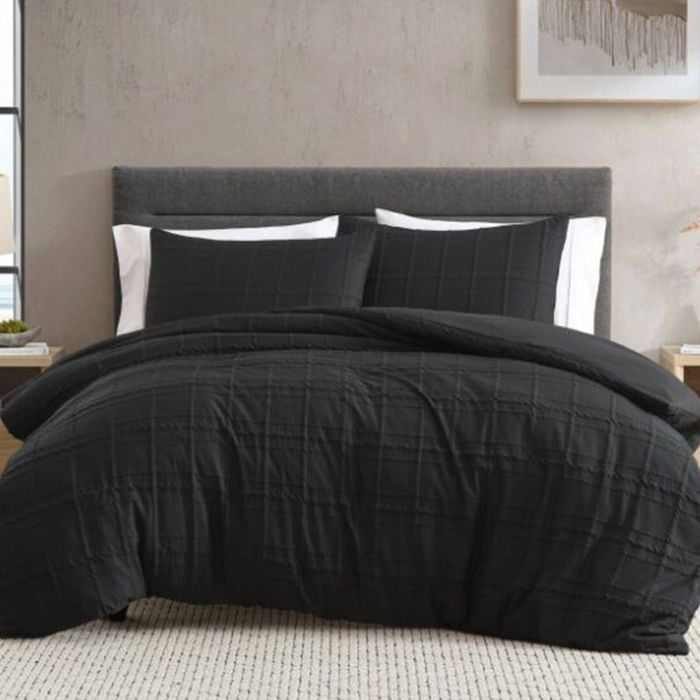 Ardor Subtle Textured Check Leonard Quilt Duvet Cover Set Single Black