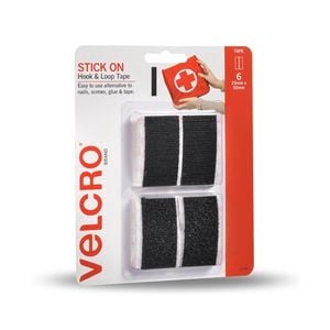 VELCRO® Brand 25 x 50mm Black Stick-on Hook and Loop Tape - 6 Pack