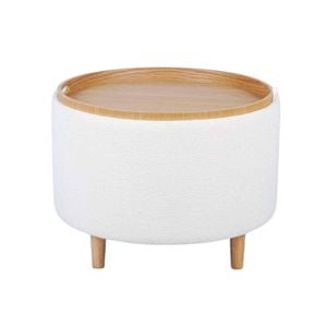 P&P White Boucle Storage Table With Tray Modern Accent Side Table Unit