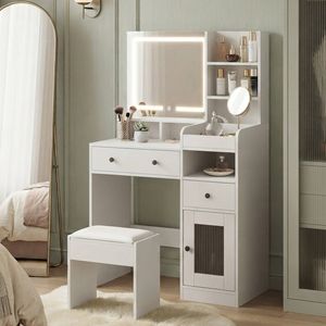 Oikiture Dressing Table Stool Set Vanity Mirror Desk White
