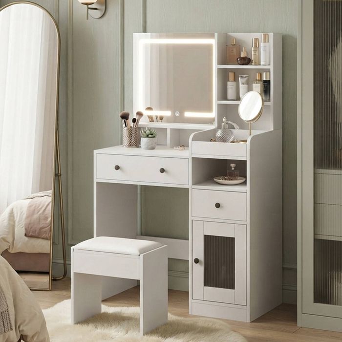 Oikiture Dressing Table Stool Set Vanity Mirror Desk White