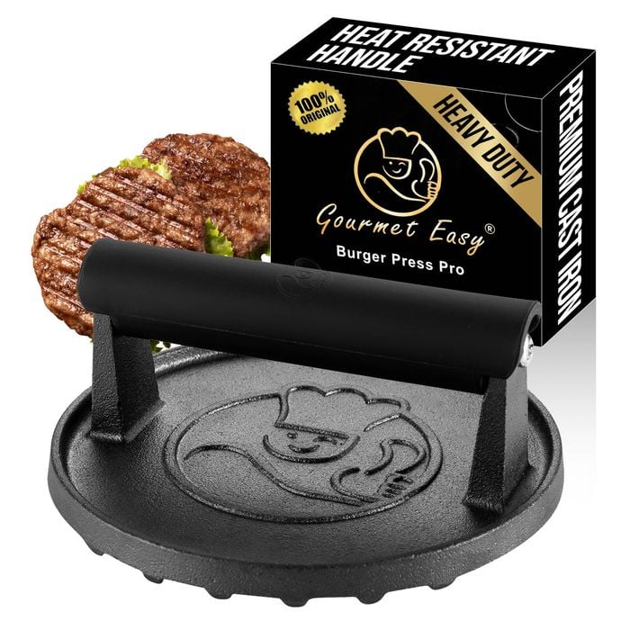 Gourmet Easy Smash Burger Press 2LB Cast Iron, Heavy Duty with Heat Resistant Handle