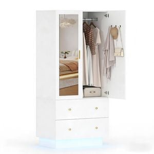 Advwin 2 Doors Armoire Wardrobe Closet with Mirror & LED Lights White