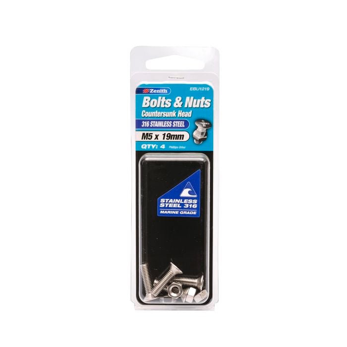 Zenith Bolt & Nut M 5x 19mm CSK Head SS316  4pk