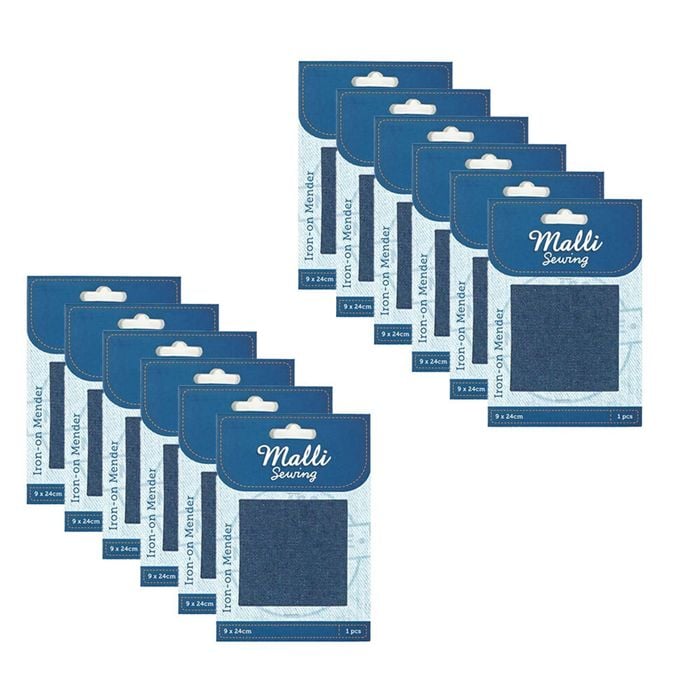 12pk Malli Sewing Polycotton Iron-on Mender Fabric Repair Patch 1224x9cm Blue