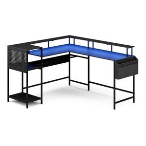 Advwin 150cm L Shaped Convertible Computer Gaming Desk w/ LED Lights Power Outlets Pegboard 242cm 2 Person Table Black