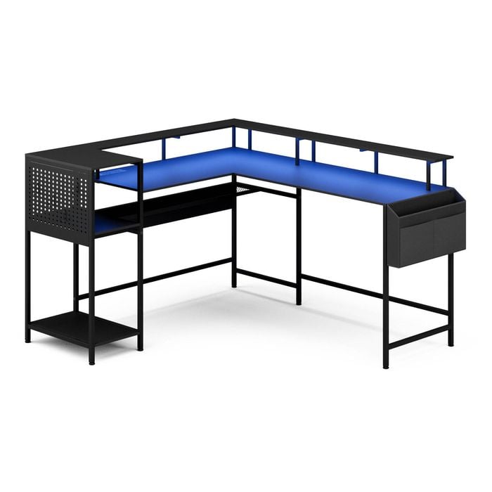 Advwin 150cm L Shaped Convertible Computer Gaming Desk w/ LED Lights Power Outlets Pegboard 242cm 2 Person Table Black