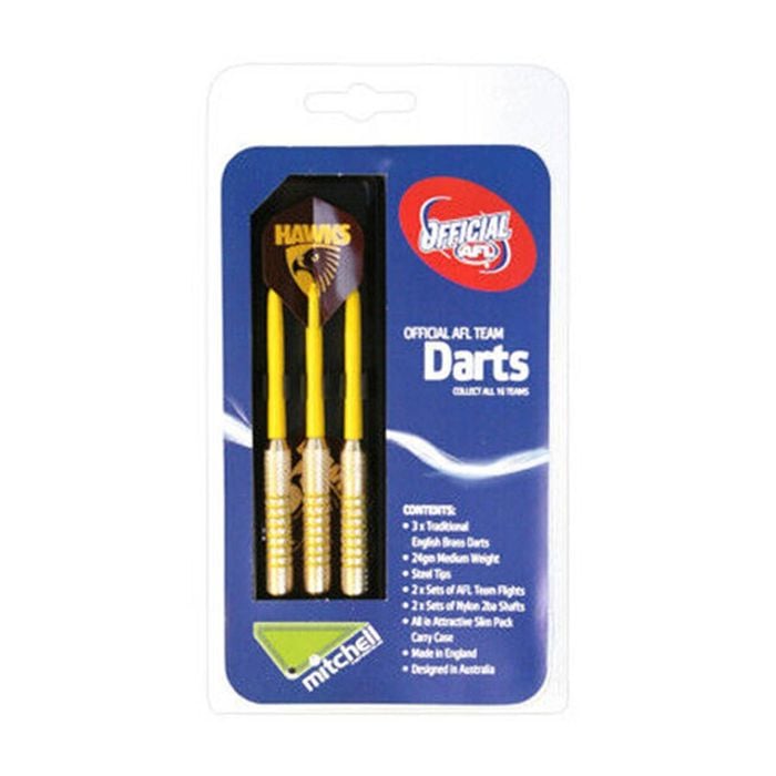 3pc AFL Brass Darts Hawthorn Hawks Team Design Flights & Shafts In Case