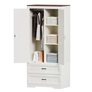 Ufurniture Barn Doors Armoire Wardrobe Closet w/ Adjust Shelves & Drawers White