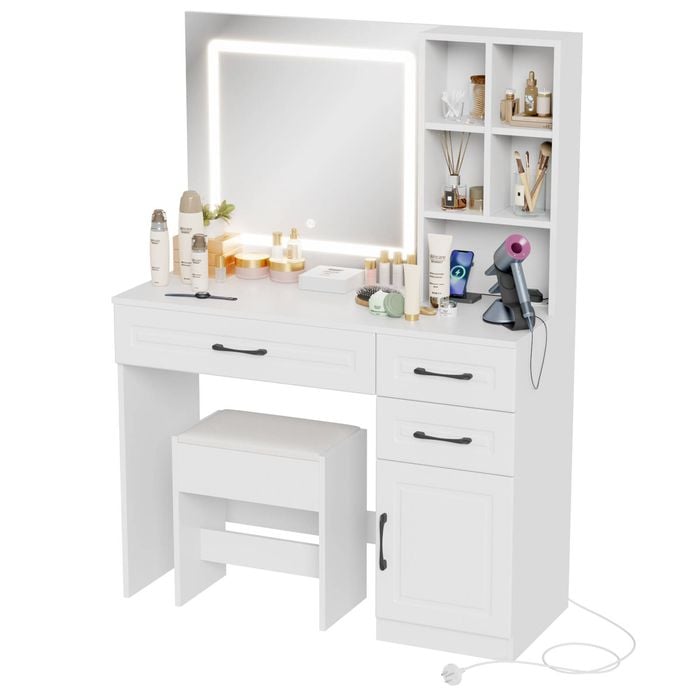 Advwin Dressing Table Set with Charging Station Lighted Mirror White