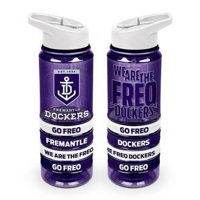AFL Tritan Drink Water Bottle 650ml - Fremantle Dockers - 4 Wrist Bands - Straw