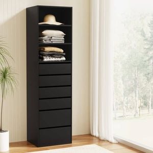 Homfurn 6-drawer Tallboy Cabinet – Handle-free Design, Smooth Runners, Wall Attachment, Black