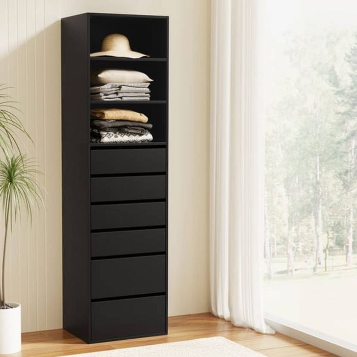 Homfurn 6-drawer Tallboy Cabinet – Handle-free Design, Smooth Runners, Wall Attachment, Black