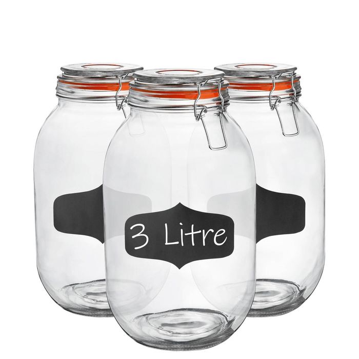 Argon Tableware 6x Glass Storage Jars & Labels Set - 3l/105.5oz 4 Colour Seals Airtight Kitchen Storage Container Preserving Jar