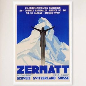 Galrie Vintage 1932 Zermatt Switzerland Ski Poster - Aerial Art for Ski Lovers, White Frame, A4 21 x 30cm (8 x 12inch)