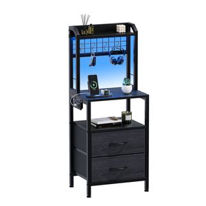 Advwin Tall Bedside Table With Charging Station And Led Lights, Nightstand With 2 Drawers Black