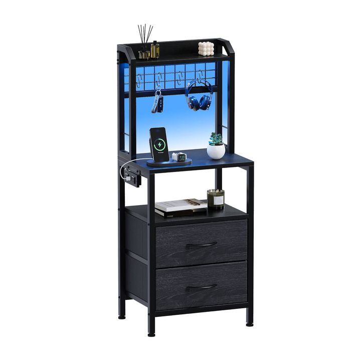 Advwin Tall Bedside Table With Charging Station And Led Lights, Nightstand With 2 Drawers Black