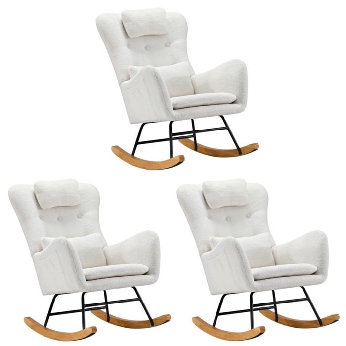 Oikiture 3x Rocking Chair Nursing Armchair Sherpa With 2 Pillow White