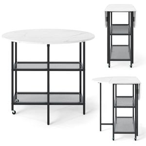 Costway Mobile Folding Dining Table Seats Round Drop Leaf Kitchen Table White