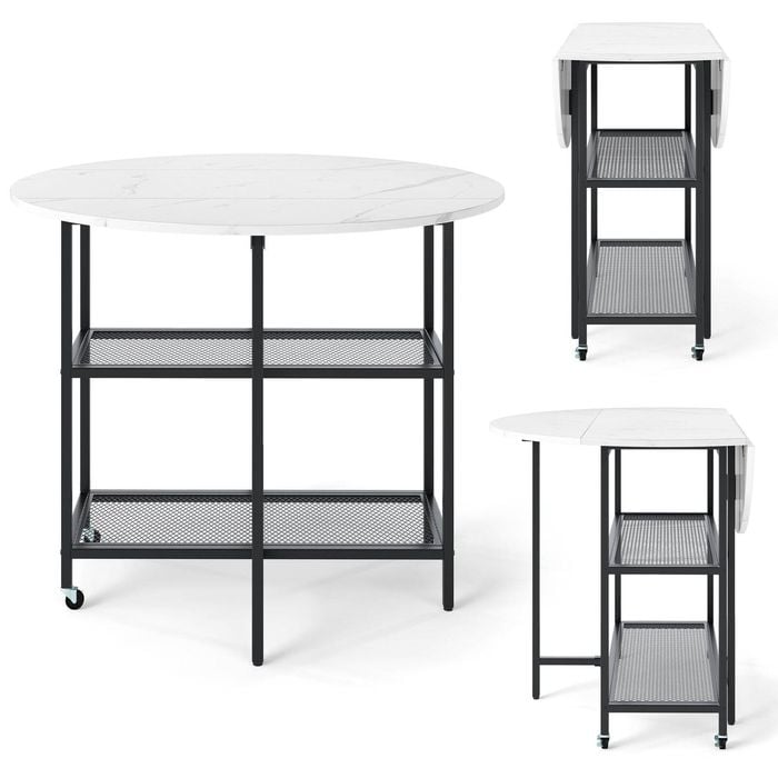 Costway Mobile Folding Dining Table Seats Round Drop Leaf Kitchen Table White