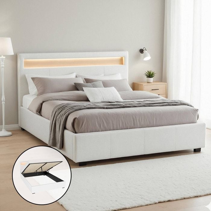 Artiss Bed Frame Double Size LED Gas Lift White COLE